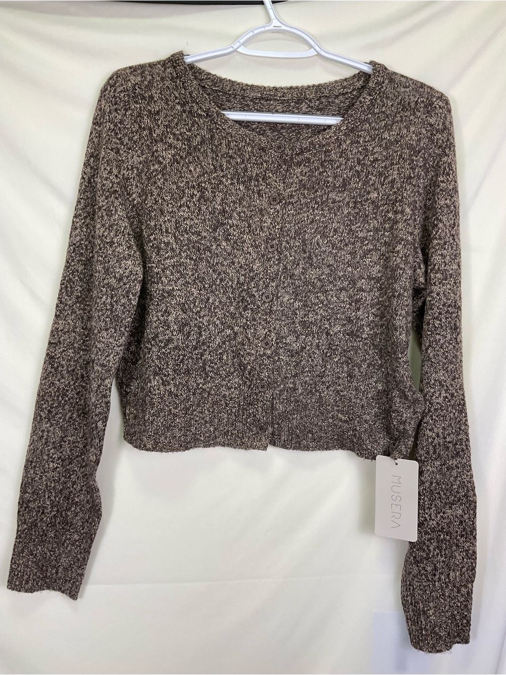 Musera Brown Marled Cropped Button-Front Cardigan
